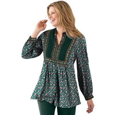 Woman Within Button-Front Mixed Print Tunic