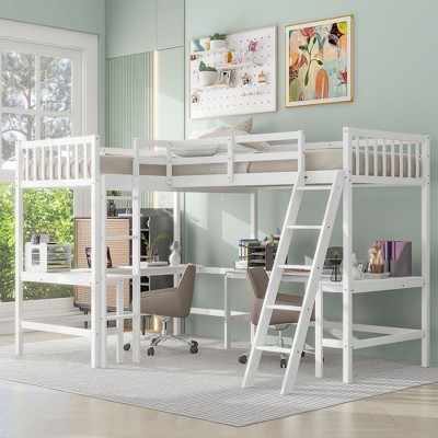 Twin Size L-Shaped Loft Bed with Ladder and 2 Built-in L-Shaped Desks