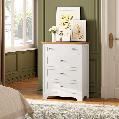 White Drawer Dresser with Mirror - Charge Station and LED Strip, 4 Drawer Cabinet with Cristal Knobs, Modern Makeup Vanity Table for Bedroom