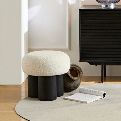 CAVINAS Mushroom Stool, Round Ottoman with Plush Lamb Wool Seat and Walnut Veneer Barrel Base, Ottoman Foot Rest, Bedroom End Bench, Footstool