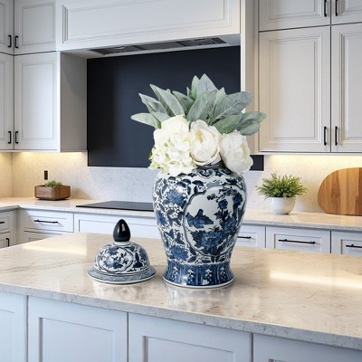Chinoiserie Blue Ceramic Decorative Ginger Jar with Lid - 18" Decorative Ceramic Vase for Home & Office