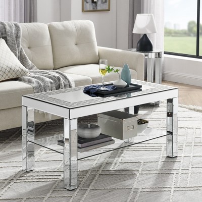 Curved border carved mirror coffee table: Silver mirror glass tabletop with sparkling diamond edge frame and crystal mirror legs, small coffee table