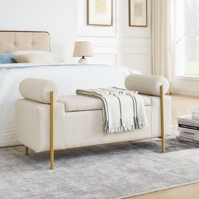 Grungis Linen Storage Benches,Upholstered Storage Ottoman with Cylindrical Arms and Iron Legs,Ottoman Bench for Living Room,Bedroom