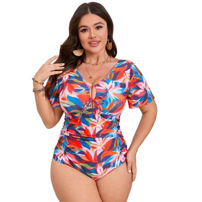 Garvee Women Plus Size One Piece Swimsuits Tummy Control Bathing Suits V Neck Ruffle Sleeve Swimwear