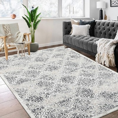 Large Washable Low Pile Area Rug, Non-Slip Non-Shedding Faux Wool Vintage Distressed Oriental Carpet for Living Room/Bedroom