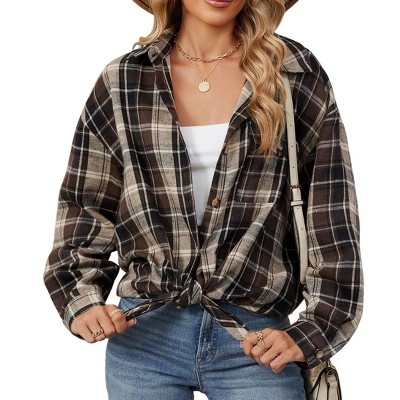 Women's Oversize Boyfriend - Style Brushed Long - Sleeve Plaid Shirt Dark Brown XXL