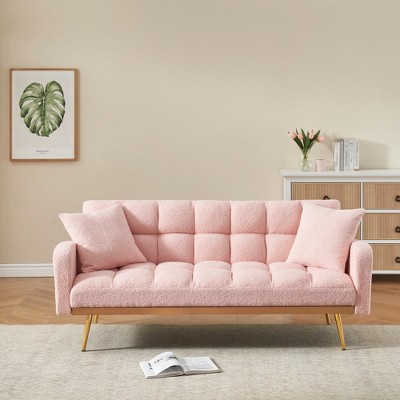 69" Convertible Sofa Bed Couch, Adjustable Teddy Fabric Sofa with Removable Armrests, Solid Wood Frame, Small Space Living Room