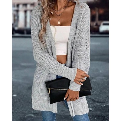 Coolmee Women's Solid Cardigans Lightweight Open Front Hollow Out Sweaters Casual Long Sleeve Side Slit Ribbed Knit Cardigans M Gray