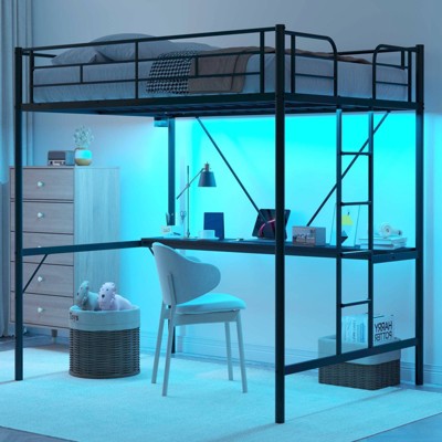 Karl Home Twin Loft Bed with Desk, Metal Bunk Bed Frame with LED Light and 2 Charging Station, with Ladder for Adults, Black