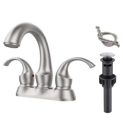 PAGED Bathroom Faucet with Aerator, Swan Style 4-inch Centerset Vanity Sink Faucet with Pop-Up Drain and Supply Hoses