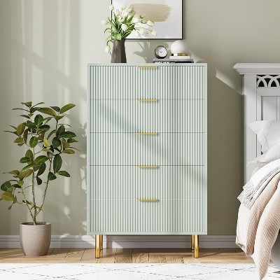5 Drawer Dresser, Wood Chest of Drawers Organizer Storage with Gold Handle, Tall Storage Cabinet, for Bedroom, Living Room, Entryway