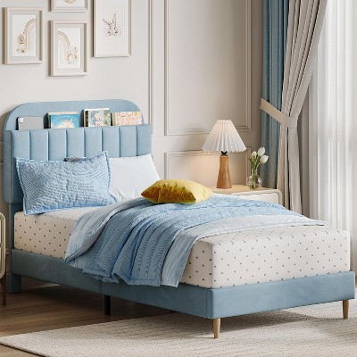 Twin/Twin XL/Full Bed Frames, Upholstered Platform Bed Frame with Bookcase Headboard, Velvet Platform Bed Mattress Foundation