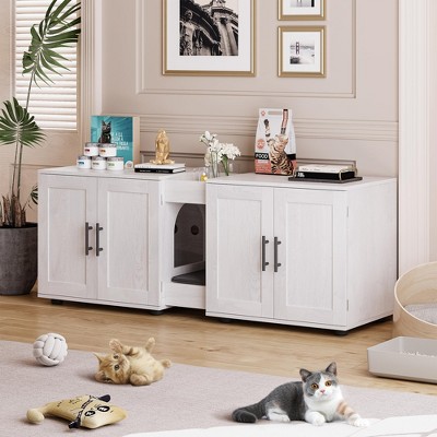 Double Cage Cat Litter Box Enclosure Furniture – Hidden Wooden Enclosed House for 2 Cats