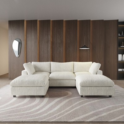 118" Modular Sectional Sofa,Faux Rabbit Fur Cloud Sofa Set,U Shaped Sofa Couch with Storage Ottoman,Down Filled Deep Seat,Removable & Washable Covers