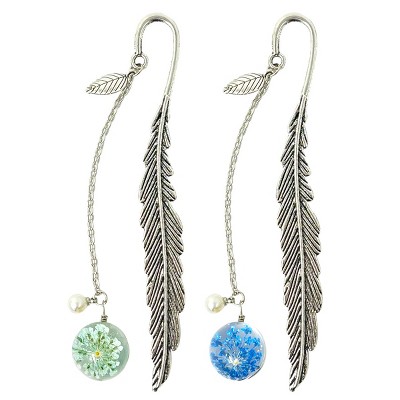 Wrapables Metal Leaf Bookmark with Charm for Book Lovers & Readers (Set of 2), Mint & Blue