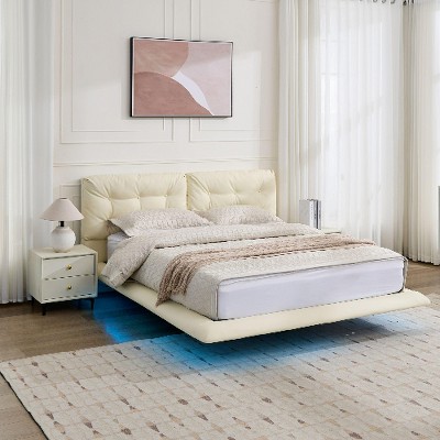 Lyngins Queen Size Upholstered Floating Bed Frame with LED Lights, PU Leather Platform Bed with Button-Tufted Headboard, Durable Wood/Metal Slats,