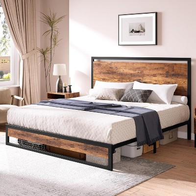 Metal Platform Bed Frame with Wooden Headboard and Footboard No Box Spring Needed Easy Assembly Rustic Brown