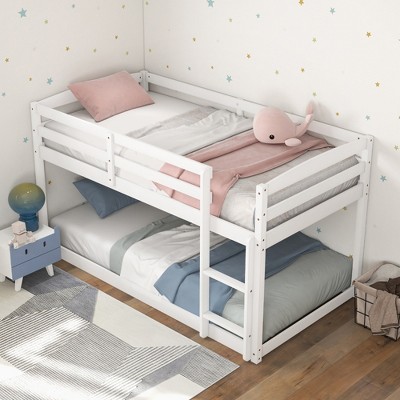 Costway Twin over Twin Low Bunk Bed with Guardrails Integrated Ladder Kids Wooden Grey/White/Beige/Pink