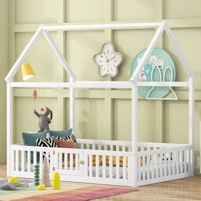Kumasinova House Shaped Twin/Full Size Bed Frame,Wood Twin/Full Bed Frame with Fence&Door,Rustic Wash Design Twin/Full Bed Frames for Kids