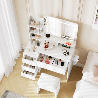 COZONY 36'' Vanity Desk with Mirror & Lights - Modern Makeup Table , 4 Drawers, Stool & Hair Dryer Holder
