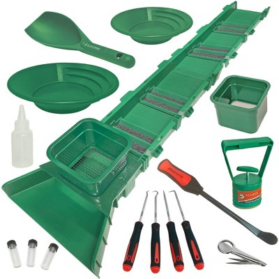 Sluice Box Compact Gold Panning Kit; portable sluice box and 2 classifier sifting pans; classify while you sluice with this patented set