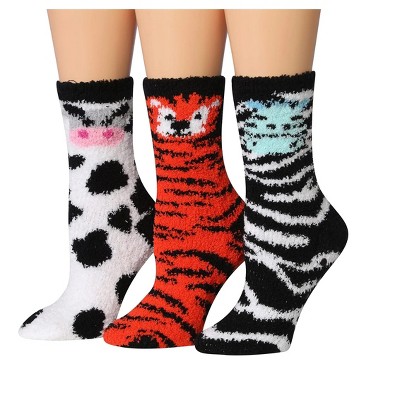 Tipi Toe Women's 3-Pairs Cozy Microfiber Anti-Skid Leopard Cheetah Patterned Soft Fuzzy Crew Socks