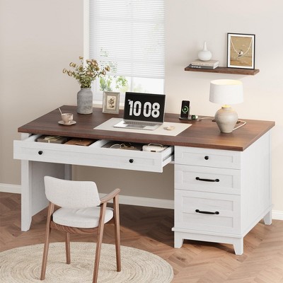 Executive Desk, Home Office Desk with Drawers, Wooden Work Desk with File Cabinet, Computer Desk for Work, Study, Writing, White and Brown