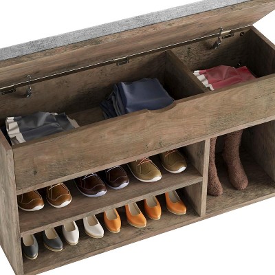 Shoe Storage Bench with Cushion, Entryway Bench with Lift-Top Storage Box and 2 Tiers Open Shoe Rack, Wooden Shoe Bench for Entryway, Bedroom