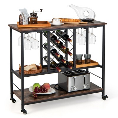 Tangkula Industrial Liquor Bar Cart Rolling Kitchen Serving Cart w/ Rack Glass Holder