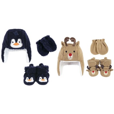 Hudson Baby Trapper Hat, Mitten and Bootie 6pc Set, Navy Penguin Reindeer