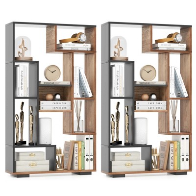 Costway 2 PCS 47" Tall Bookshelf Modern Geometric Bookcase with Open Shelves for Home Black&Natural/White