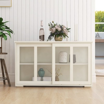 Kitchen Storage Cabinet With Sliding Glass Door, Adjustable Shelf, Wooden Storage Stand Sideboard Buffet Cabinet