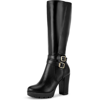 Perphy Women's Round Toe Platform Block Heels Knee High Boots
