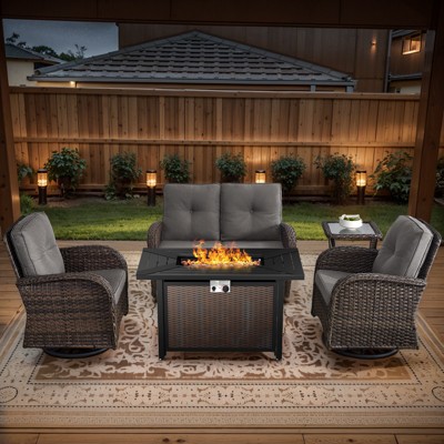 Belord 43" Propane Fire Pit Table Set Patio Furniture Set with Glider Loveseat, Brown Wicker Deep Seating Patio Swivel Rocker Glider Chairs