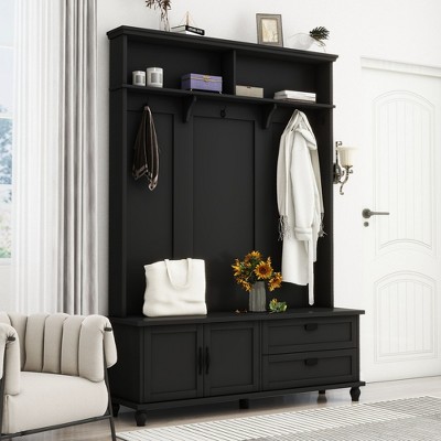 Sapphtopaz Modern Hall Tree with Storage Cabinet&2 Drawers,Entryway Bench with 5 Coat Hooks&Open Storage Shelves,Shoe Bench for Entryway,Hallway