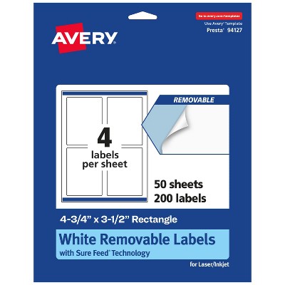 Avery Matte White Removable Rectangle Labels with Sure Feed Technology, Print-to-the-Edge, 4.75" x 3.5"