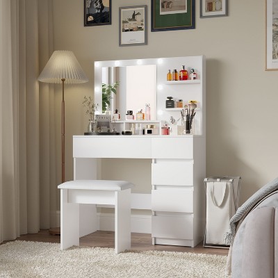 KWPZQEB Vanity, Makeup Vanity Desk Set with Mirror & Light, 5 Drawers, 3 shelf and Upholstered Stool, Dressing Table for Bedroom Dressing Room, White