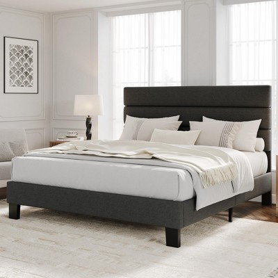 King Size Bed Frame with Adjustable Headboard, Linen Fabric Upholstered and Wooden Slats Support, Heavy Duty Mattress Foundation, No Box Spring Needed