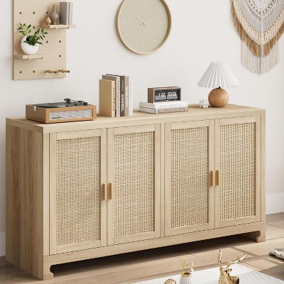 4-Door Rattan Storage Cabinet, Mid-Century Accent Console w/Shelf, Anti-Tip Kit for Living Room, Dining Room & Hallway (Boho Modern)