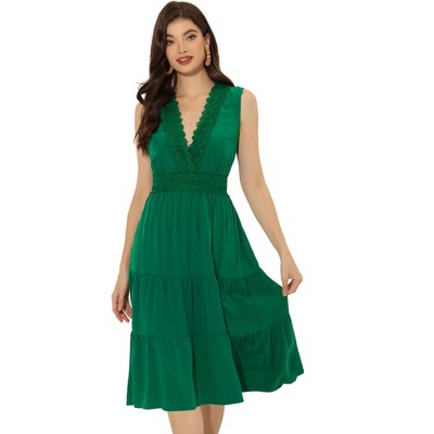 Allegra K Women's Casual Sleeveless V Neck Lace Trim Tiered Midi Tank Sundresses