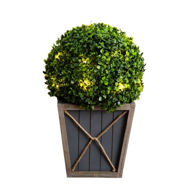 Nearly Natural 18-in UV Resistant Artificial Boxwood Ball Topiary with LED Lights in Decorative Planter (Indoor/Outdoor)