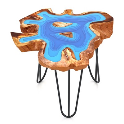Tangkula 21" Teak Wood End Table Outdoor Epoxy Resin Side Table w/ Irregular Tabletop
