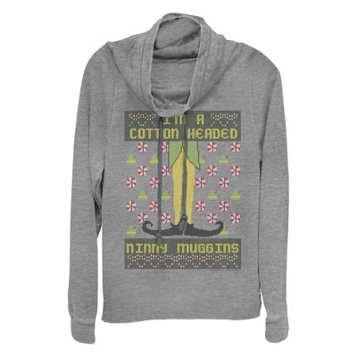Junior's Elf Cotton-Headed Ugly Sweater Cowl Neck Sweatshirt