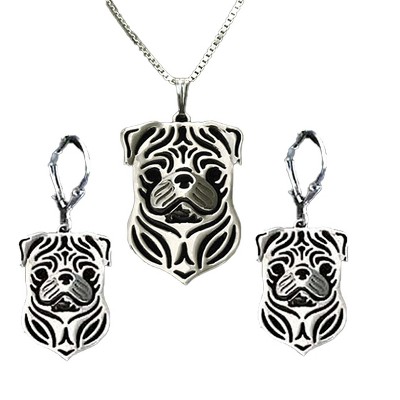 Pug Dog Pendant Necklace Earrings Set Sterling Silver Womens Ginger Lyne Collection