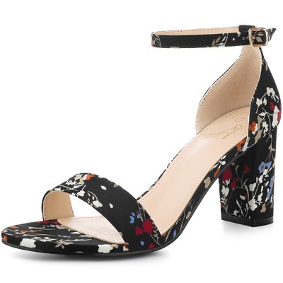 Perphy Women's Floral Printed Open Toe Ankle Strap Chunky Heels Sandals