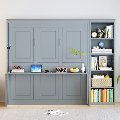 TIRAMISUBEST Full/Queen Size Murphy Bed Wall Bed with Bulit-in Desk and Bookshelf, Space Saving Foldable Murphy Cabinet Bed with Open Storage