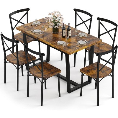 Zevemomo 7-Piece Dining Table with Chairs Set, Rectangular Metal Frame Table with 6 Chairs, for Kitchen, Dining Room and Living Room, Brown