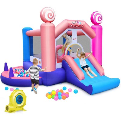 Costway Inflatable Bounce House Princess Pink Jumping Castle with 680W Blower 50PCS Ocean Balls Carry Bag