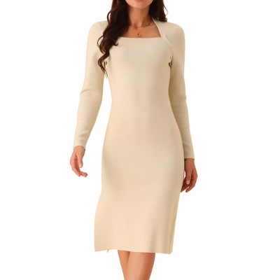 Seta T Women's Square Neck Long Sleeve Slim Fit Ribbed Knit Bodycon Midi Sweater Dress