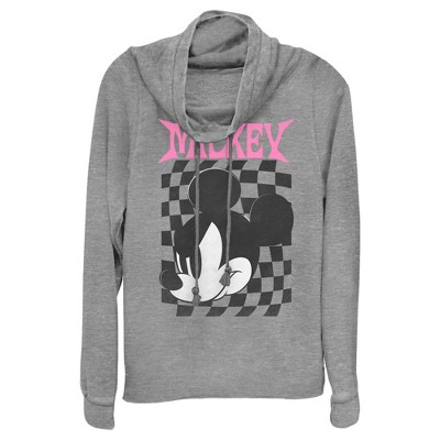 Juniors Womens Mickey & Friends Angry Checker Logo Cowl Neck Sweatshirt